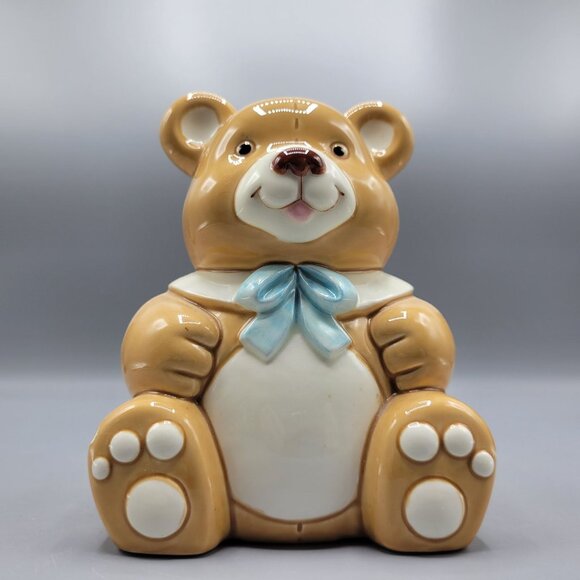 Vintage Lefton Geo Z. Teddy Bear Money Bank Light Brown Blue Bow Ceramic - Picture 12 of 13